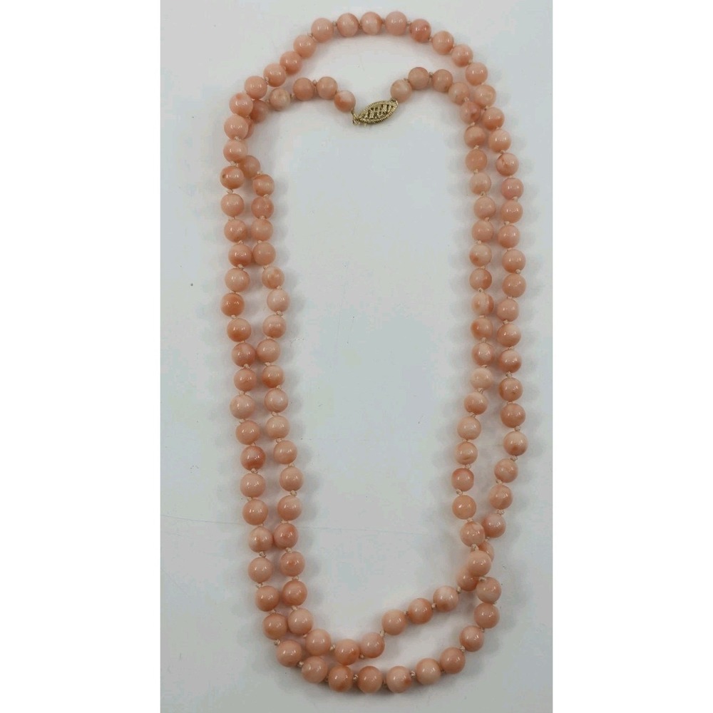 Vintage Genuine Angel Skin Pink‎ Coral Bead Necklace 14k Gold Filigree Clasp